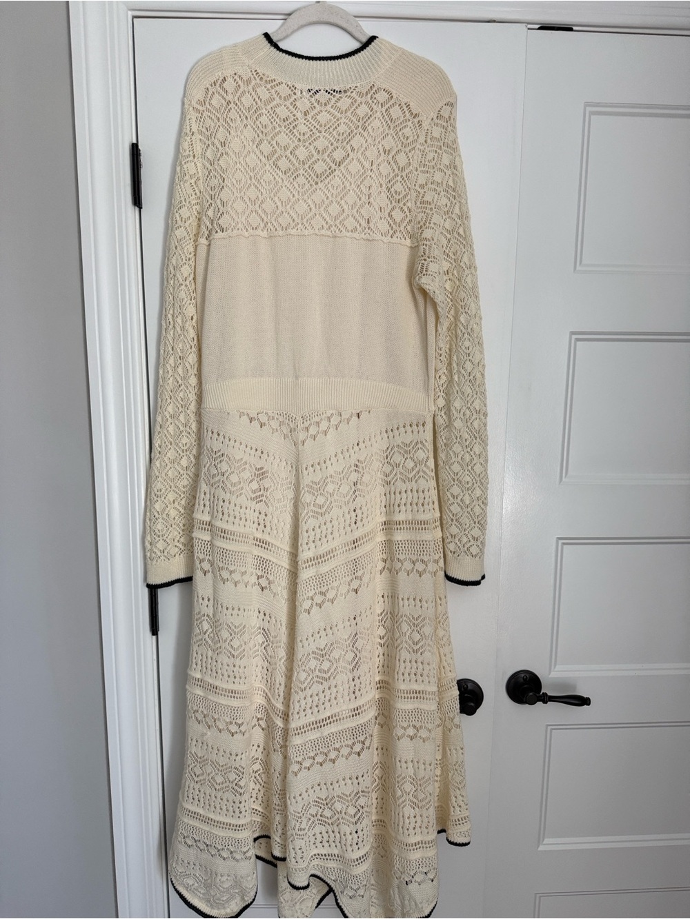 Anthropologie Cream Crochet Knit Long Sleeve Dress with Black Trim